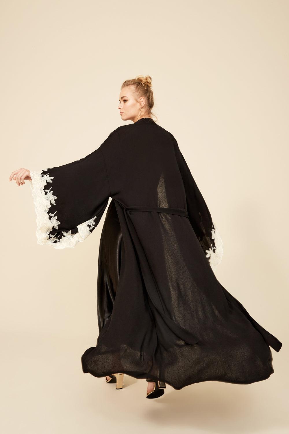 Anastasia - Long Rayon Kimono Set - Black with Gold Lace - Bocan