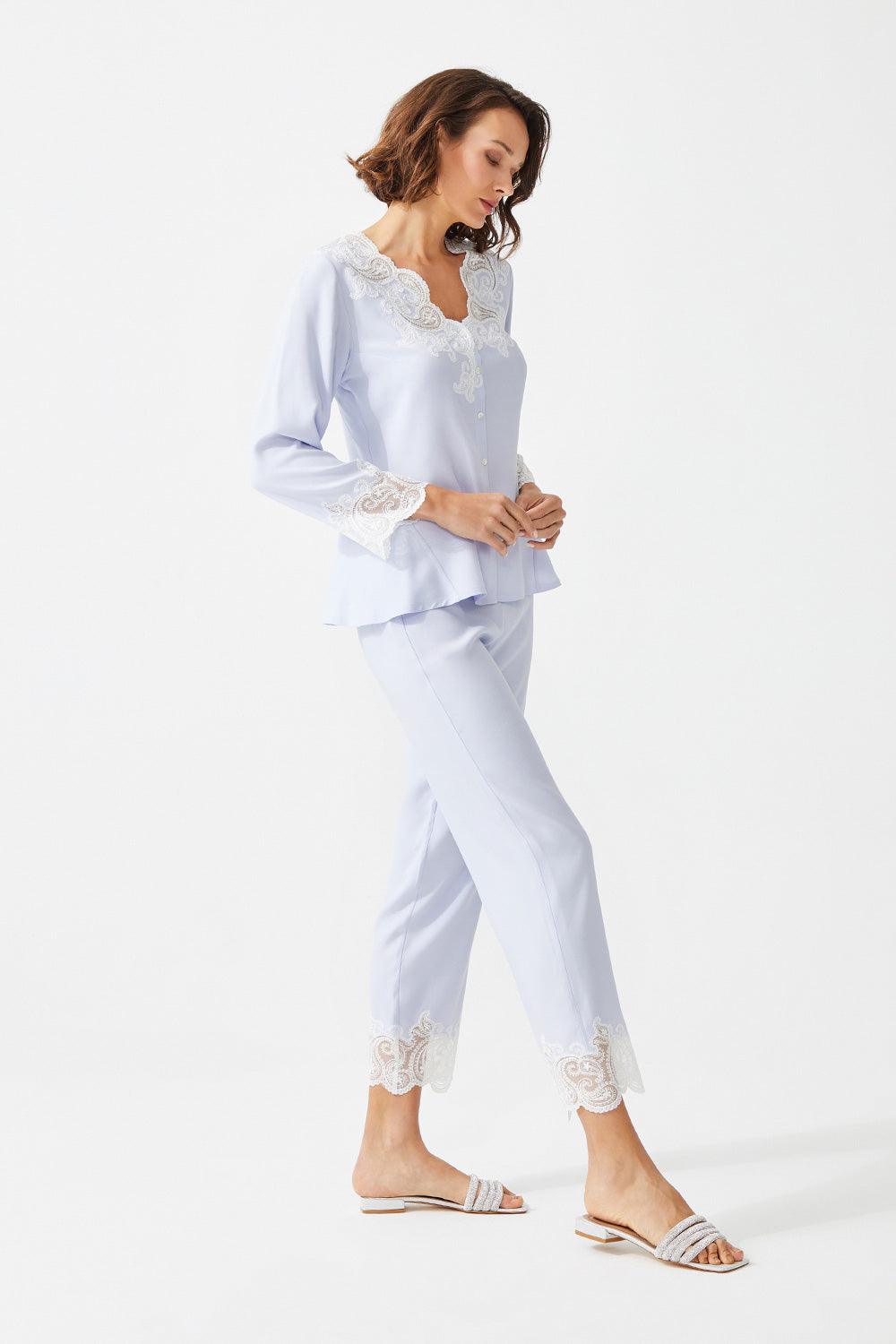 Anemone Trimmed Rayon Full Buttoned Long Sleeve Pyjama Set - Ice Blue - Bocan