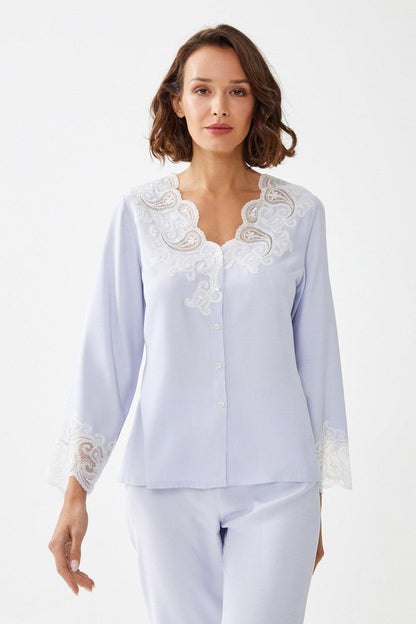 Anemone Trimmed Rayon Full Buttoned Long Sleeve Pyjama Set - Ice Blue - Bocan
