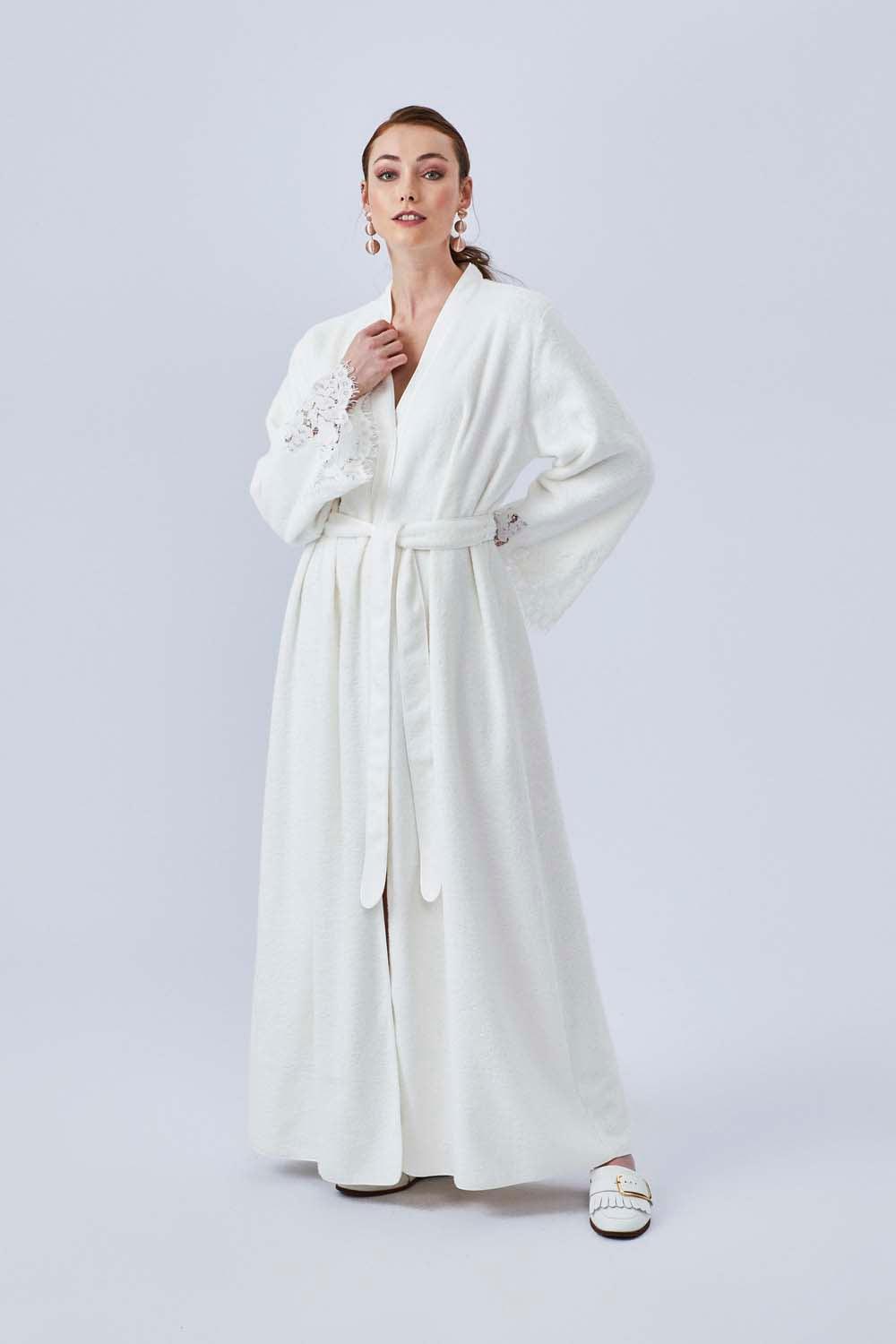 Angeliki - Long Towel Belted Bathrobe - Off White - Bocan
