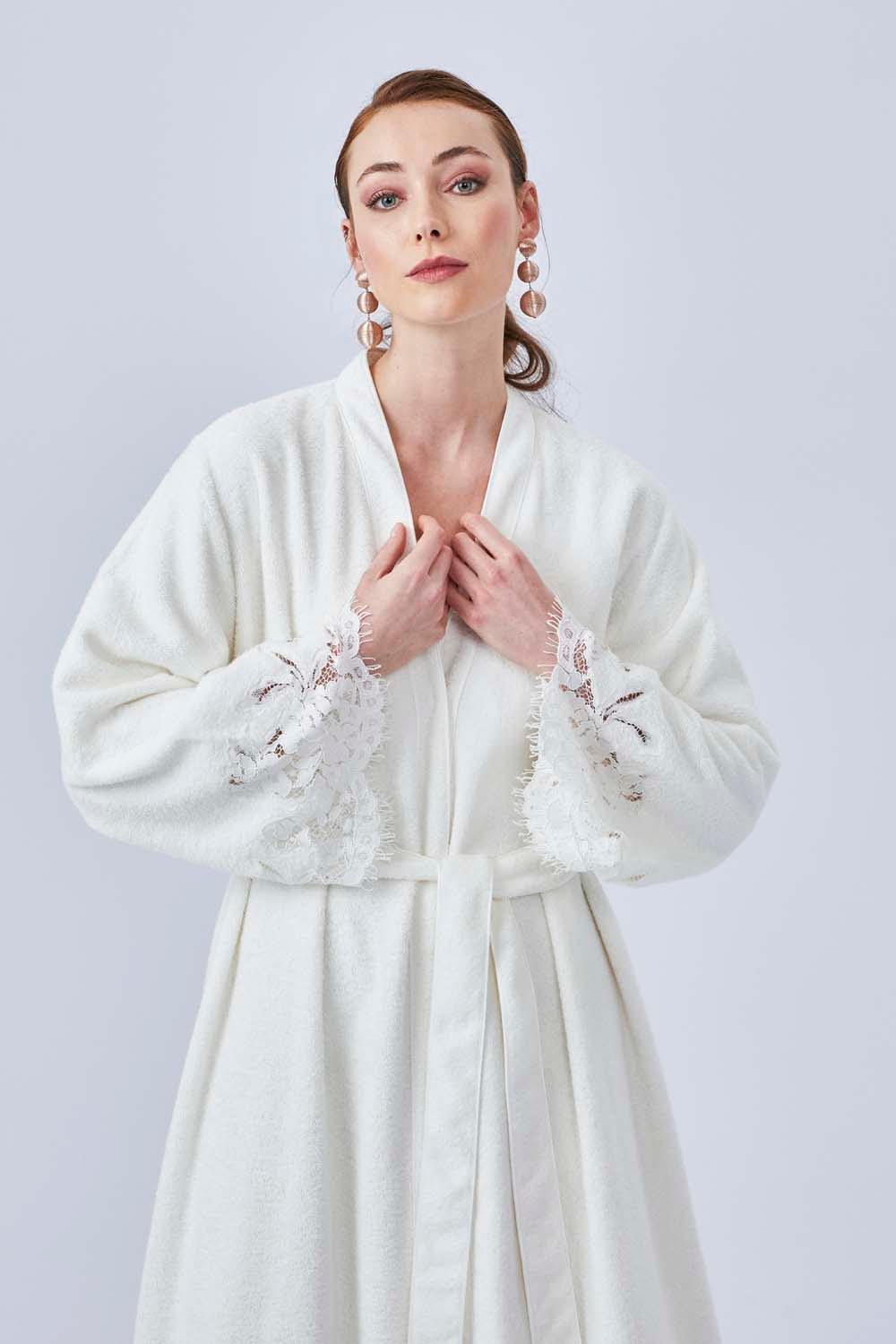 Angeliki - Long Towel Belted Bathrobe - Off White - Bocan