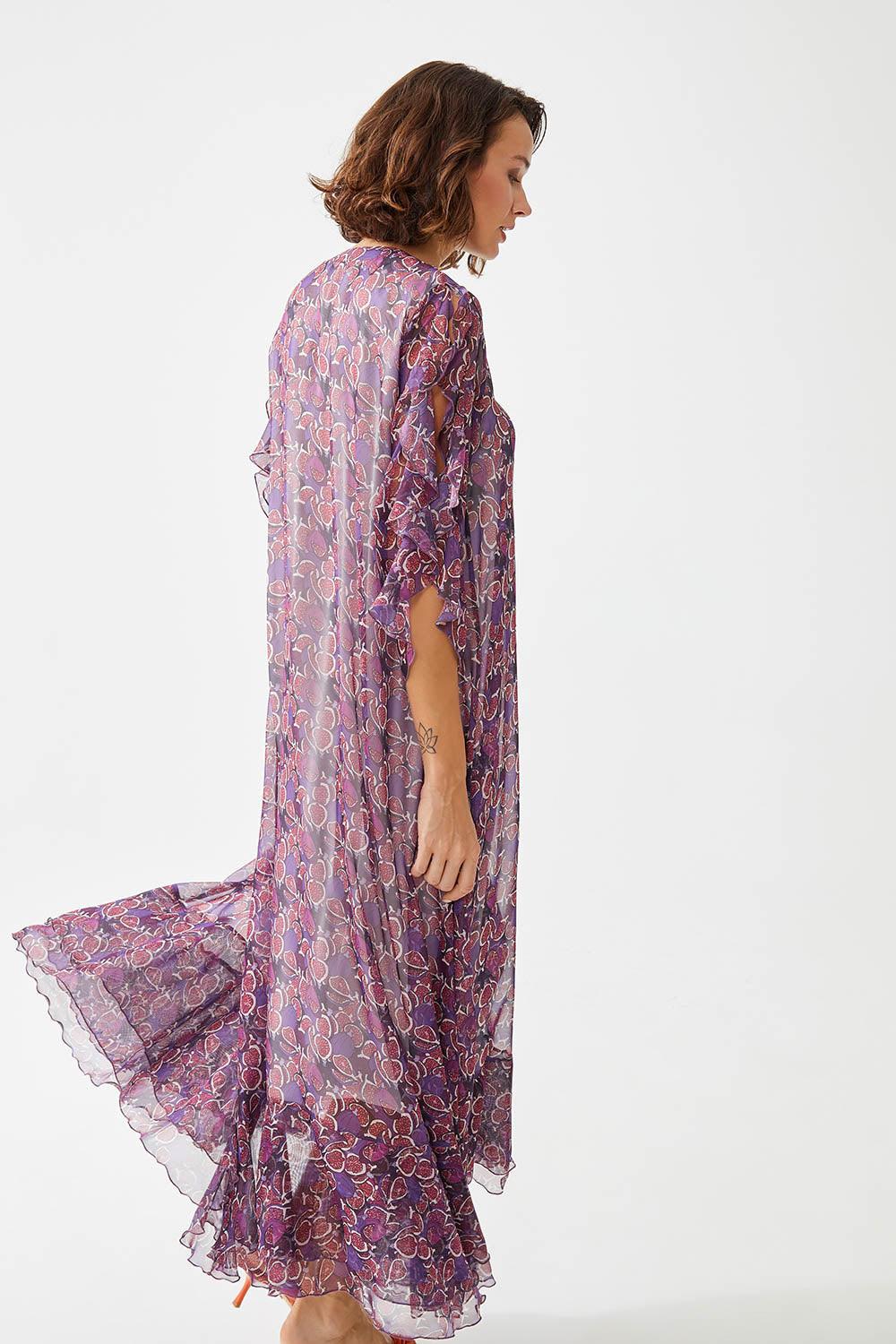Anjeer Long Printed Silk Chiffon Dress - Purple - Bocan