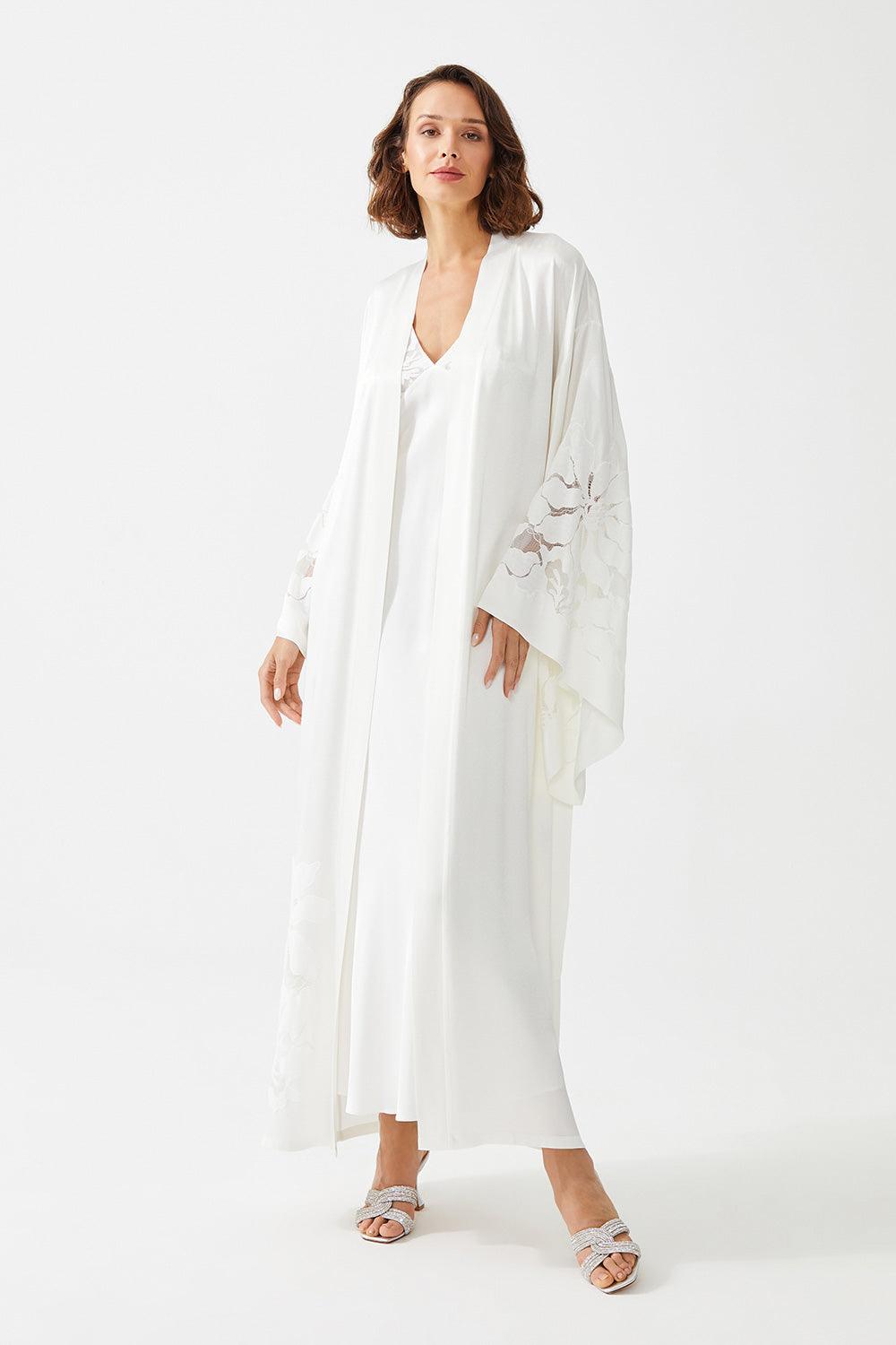 Argos Long Rayon Trimmed with Lace Robe Set - Off White - Bocan