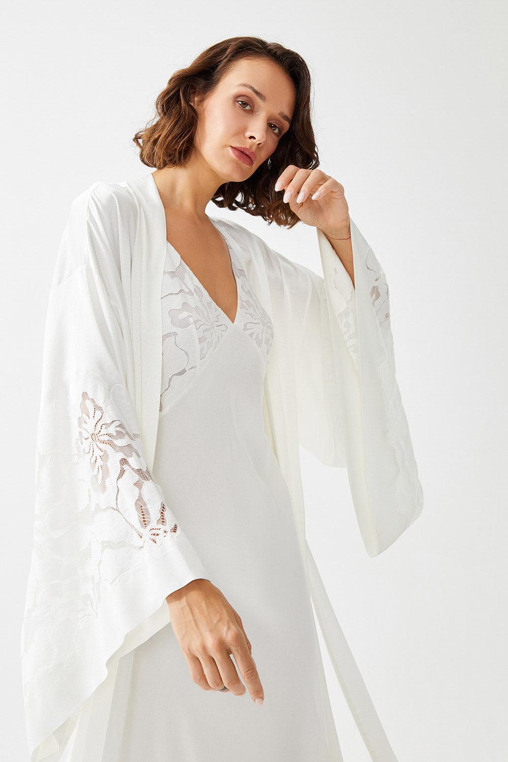 Argos Long Rayon Trimmed with Lace Robe Set - Off White - Bocan