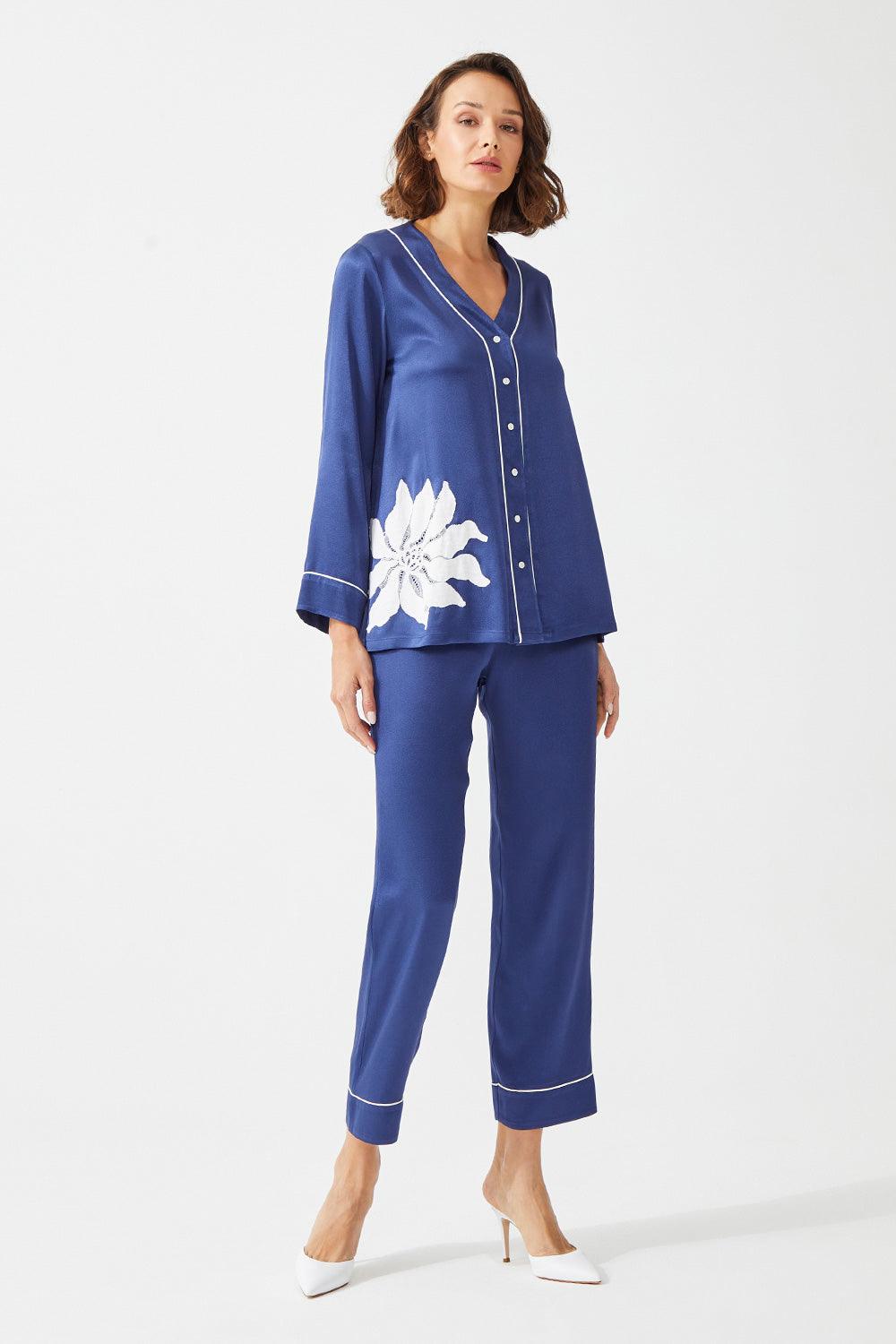 Asagoa - Trimmed Rayon and Buttoned Long Sleeve Pyjama Set - Navy Blue - Bocan