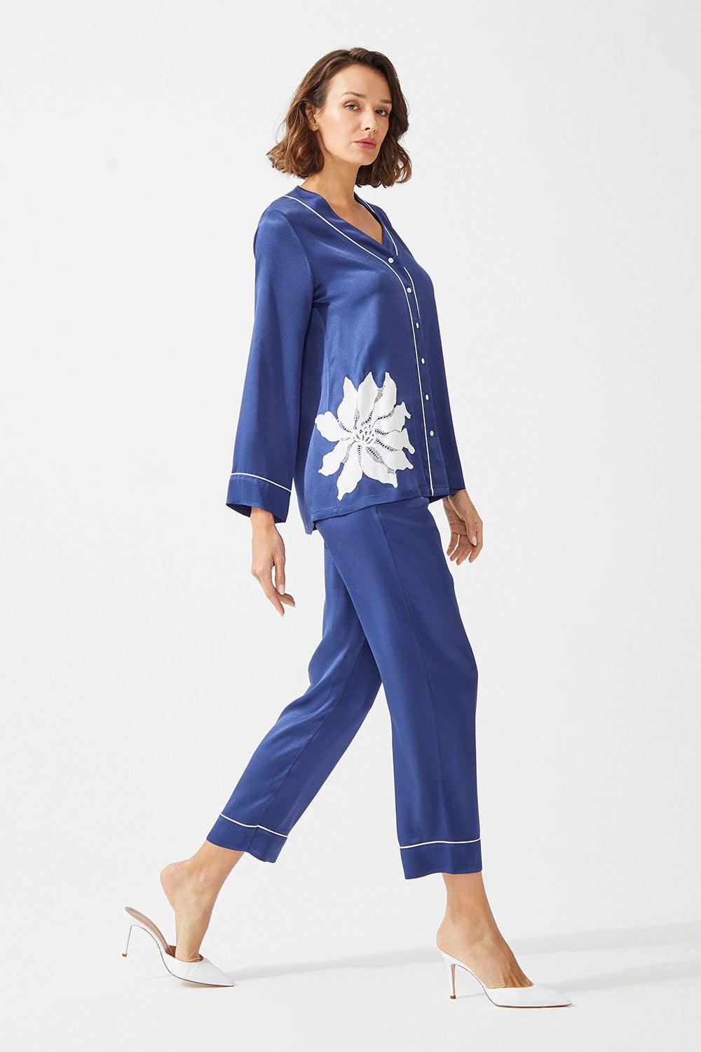 Asagoa - Trimmed Rayon and Buttoned Long Sleeve Pyjama Set - Navy Blue - Bocan
