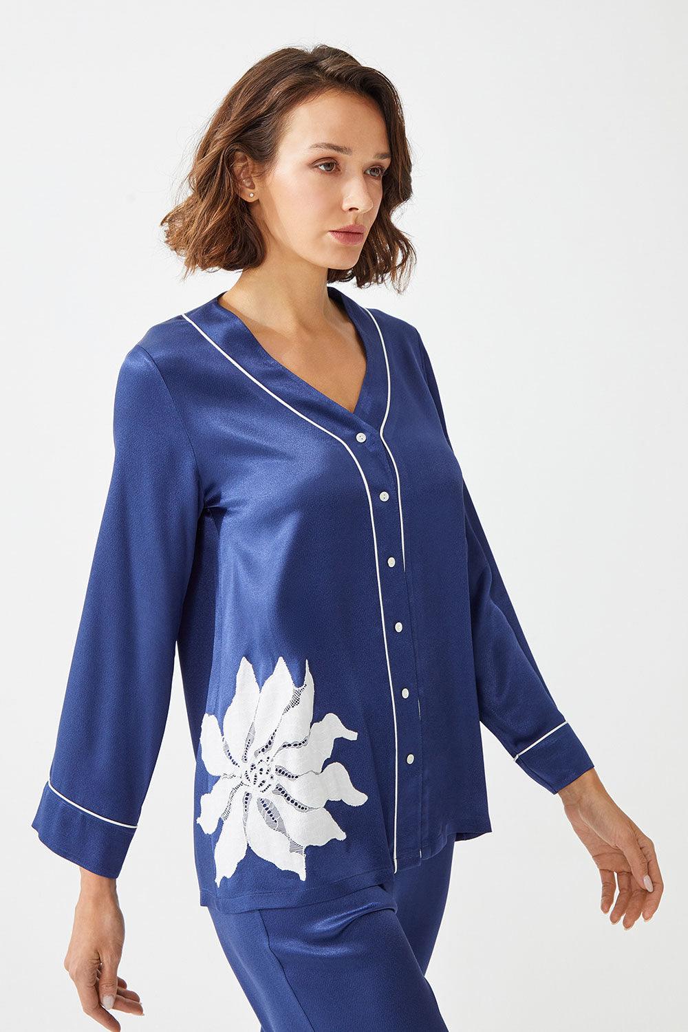 Asagoa - Trimmed Rayon and Buttoned Long Sleeve Pyjama Set - Navy Blue - Bocan