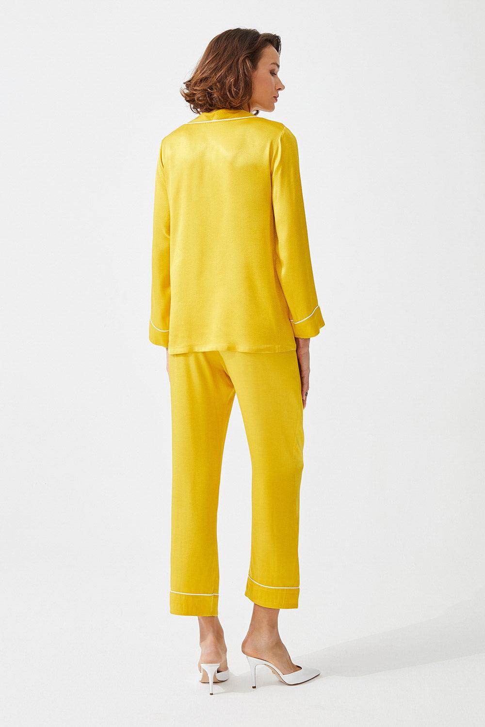 Asahi Trimmed Rayon and Buttoned Long Sleeve Pyjama Set - Yellow - Bocan