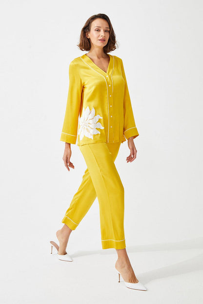 Asahi Trimmed Rayon and Buttoned Long Sleeve Pyjama Set - Yellow - Bocan