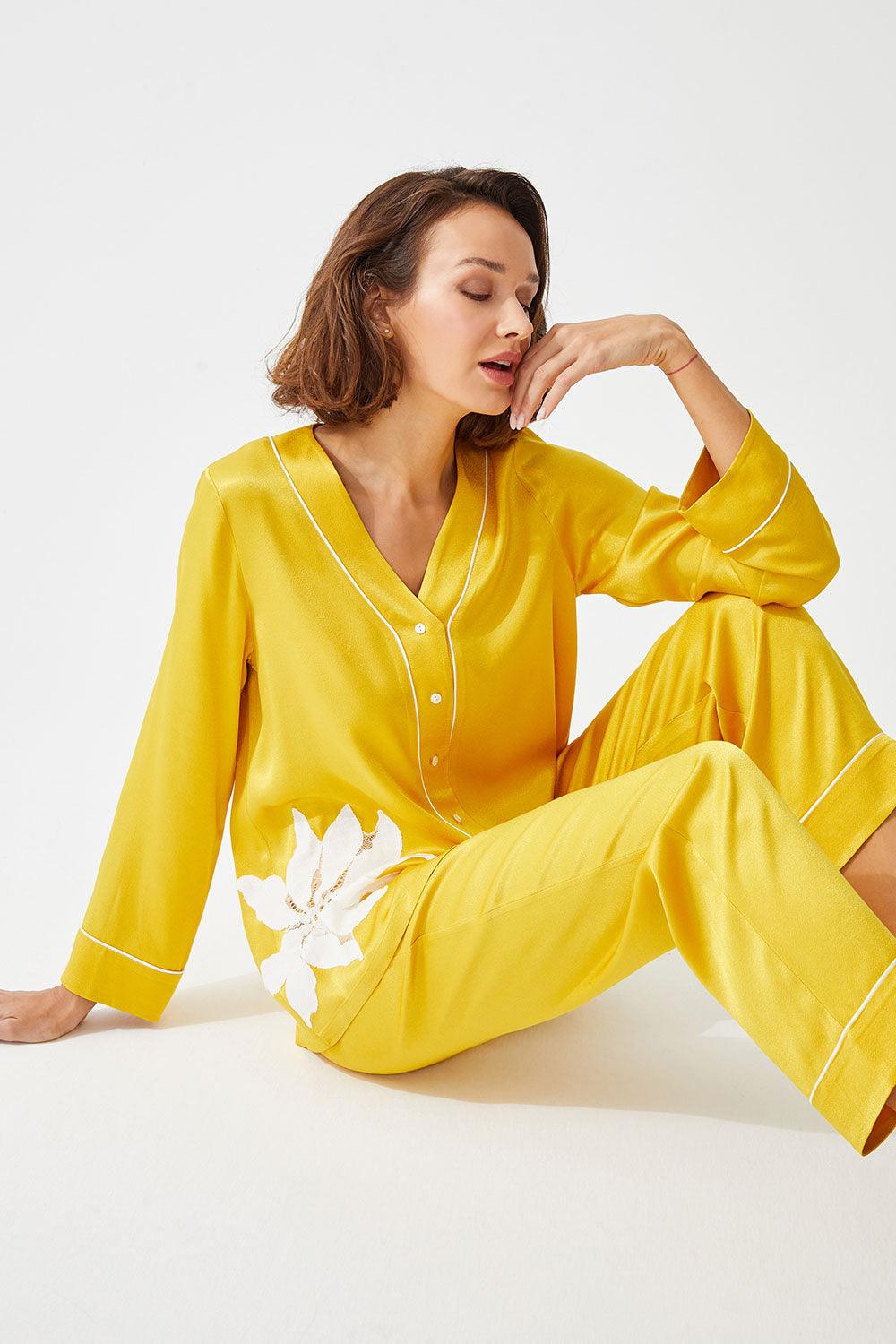 Asahi Trimmed Rayon and Buttoned Long Sleeve Pyjama Set - Yellow - Bocan
