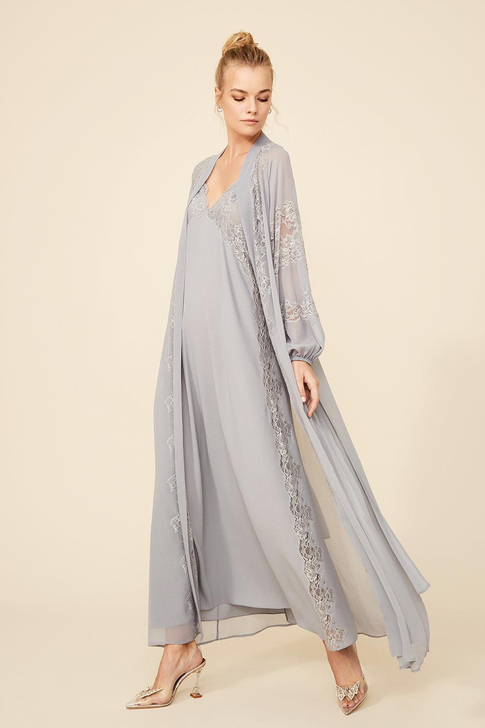 Ashley - Long Silk Chiffon Robe Set - Light Grey - Bocan