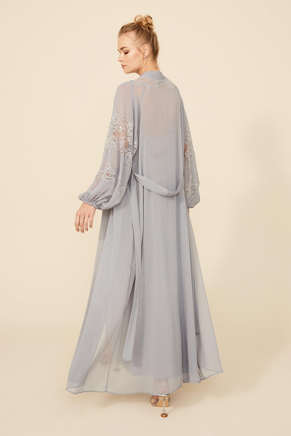 Ashley - Long Silk Chiffon Robe Set - Light Grey - Bocan