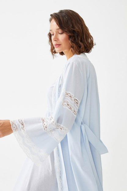 Asterid Trimmed Cotton Voile Long Sleeve Robe Set - Baby Blue - Bocan