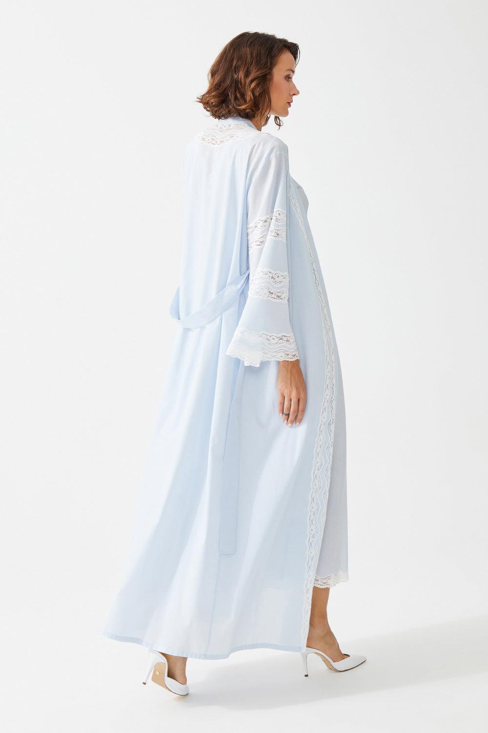 Asterid Trimmed Cotton Voile Long Sleeve Robe Set - Baby Blue - Bocan