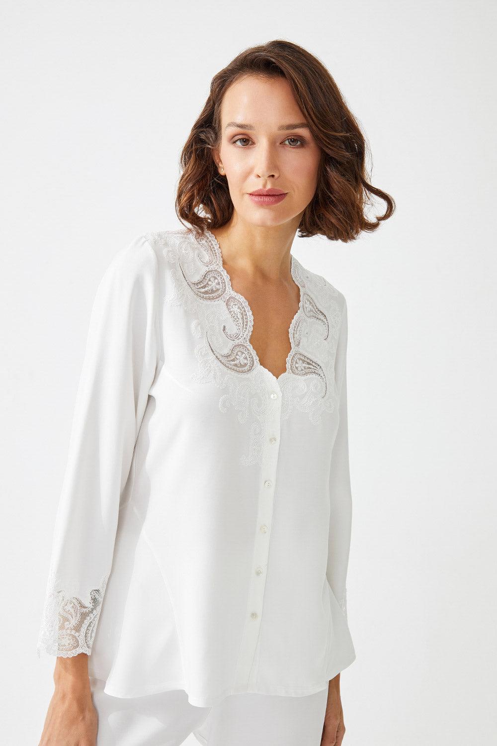 Ayana Trimmed Rayon Full Buttoned Long Sleeve Pyjama Set - Bocan