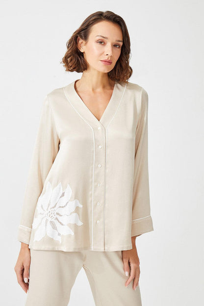Belladonna - Trimmed Rayon and Buttoned Long Sleeve Pyjama Set - Beige - Bocan