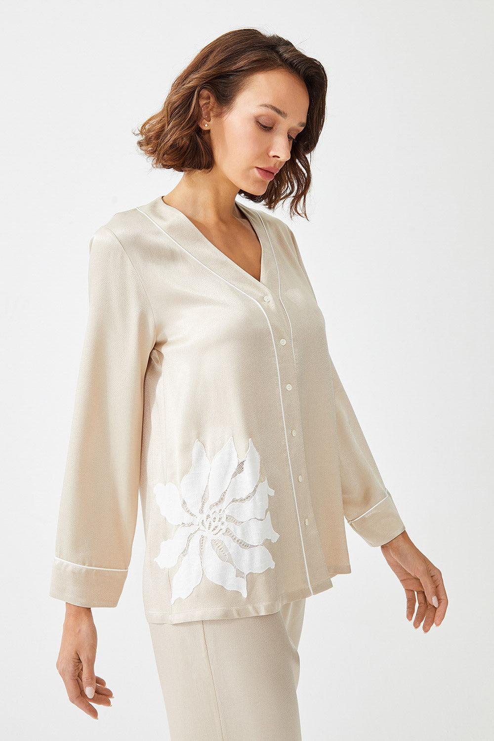 Belladonna - Trimmed Rayon and Buttoned Long Sleeve Pyjama Set - Beige - Bocan