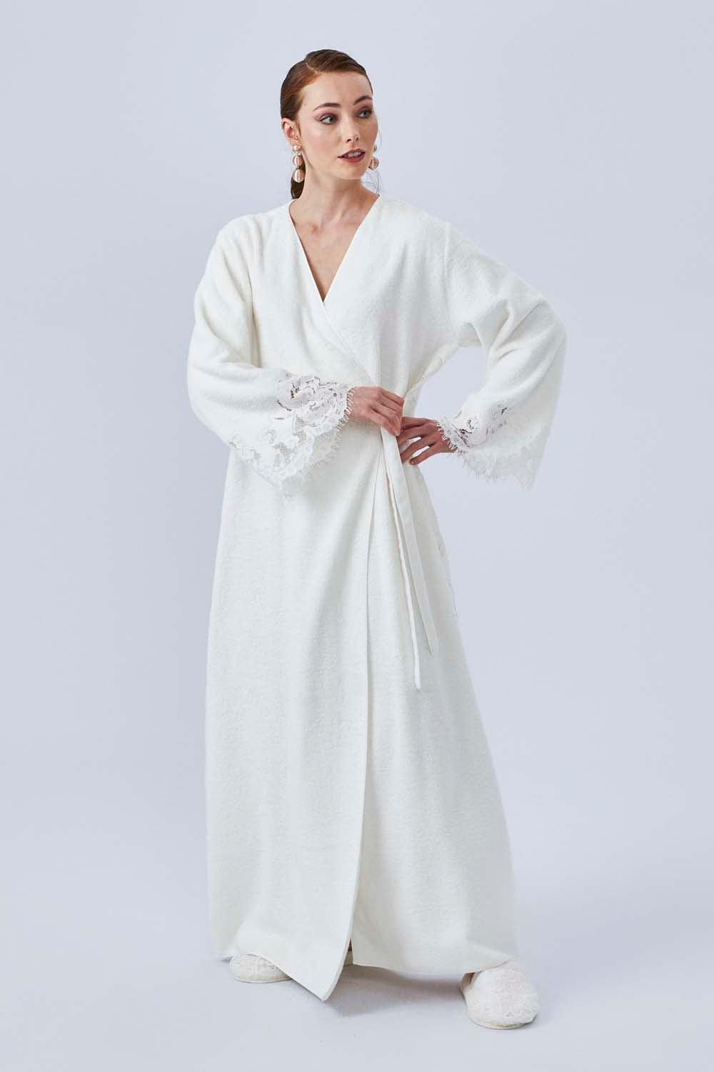 Berenice - Long Towel Belted Bathrobe - Off White - Bocan