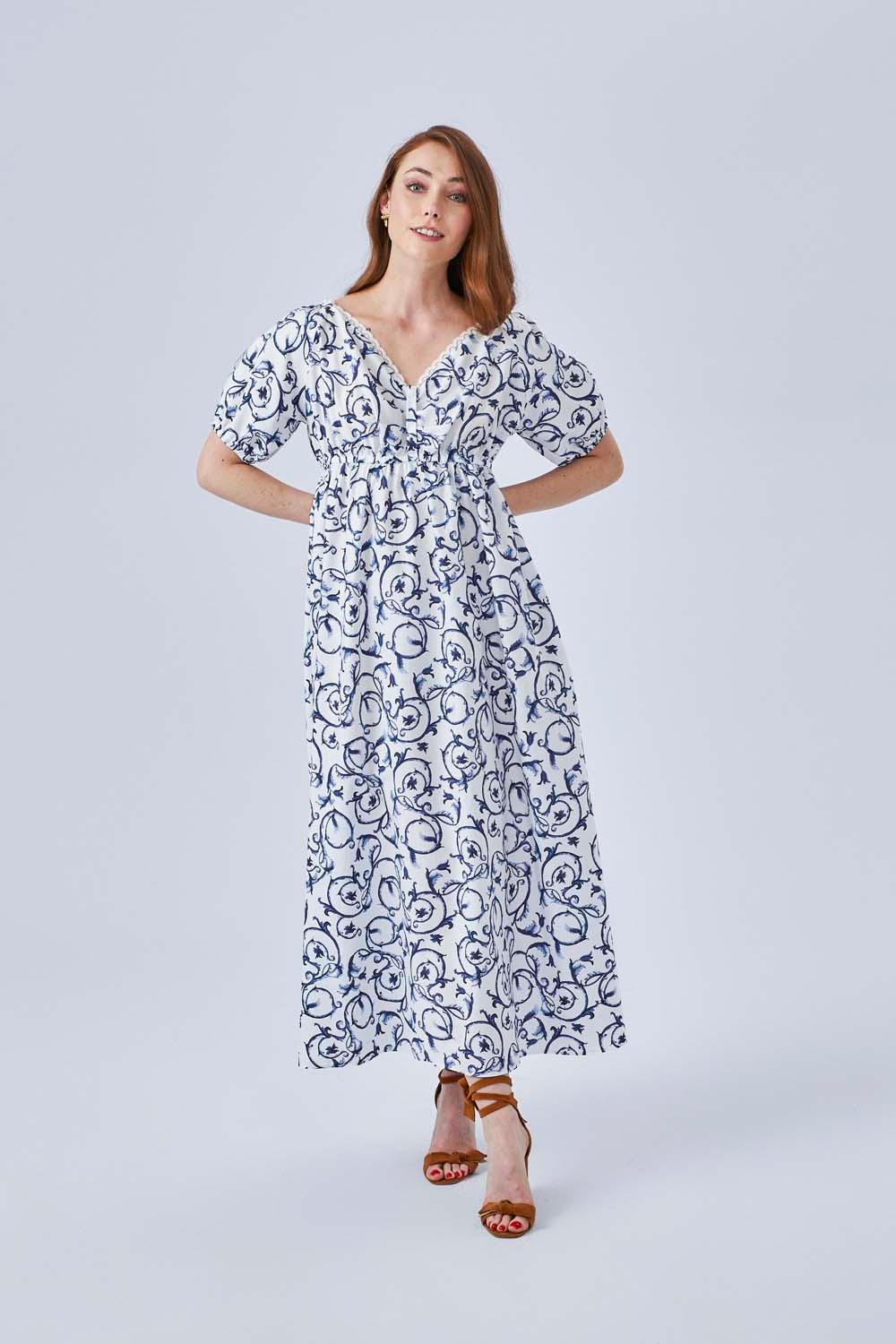 Bleu Blanc - Poplin Half Sleeve Long Printed Dress - Navy - Bocan
