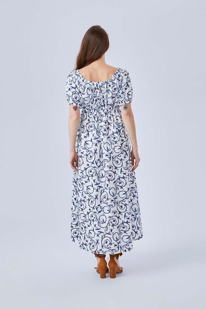 Bleu Blanc - Poplin Half Sleeve Long Printed Dress - Navy - Bocan