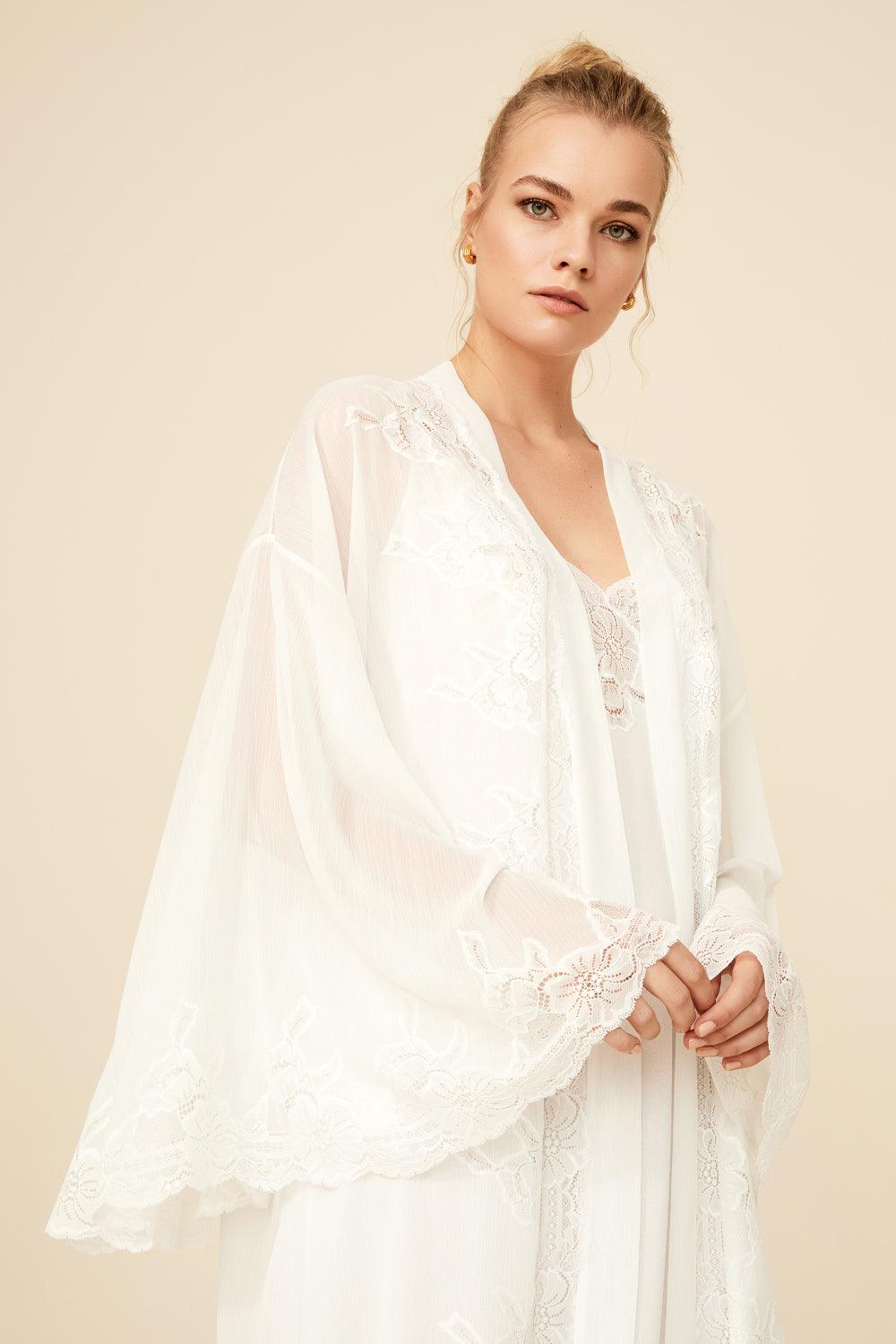 Bloom - Long Silk Chiffon Robe Set with Fanlike Sleeves - Off White - Bocan