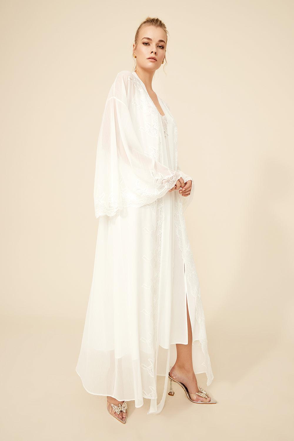 Bloom Long Silky Chiffon Robe Set with Fanlike Sleeves Off White