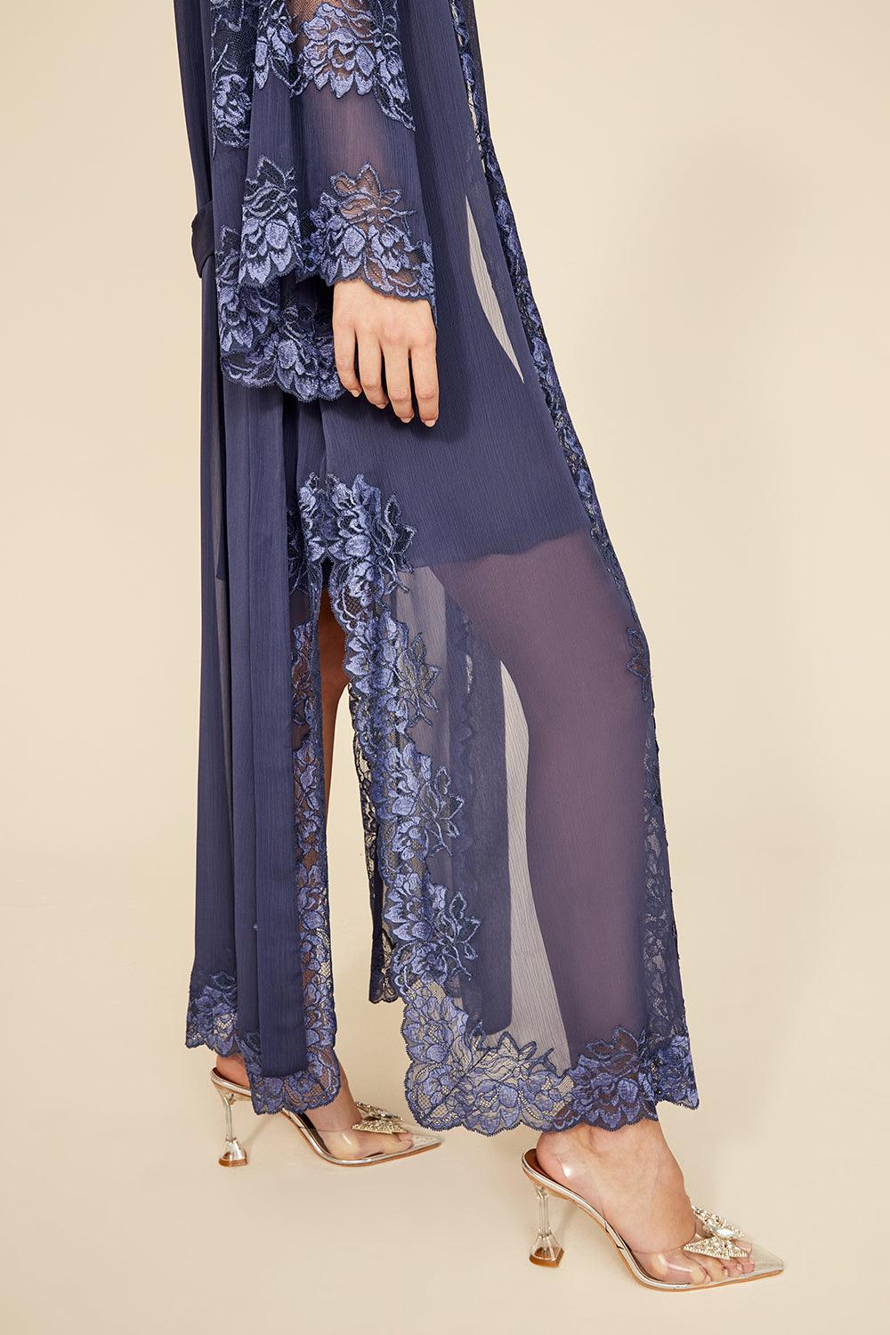 Bonnie - Long Silk Chiffon Robe Set - Indigo - Bocan