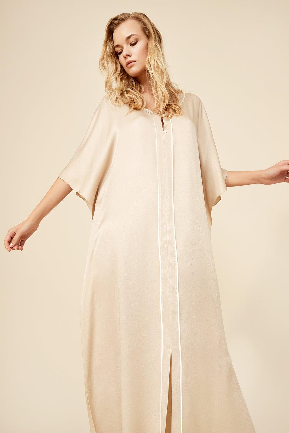 Cara - Long Rayon Buttoned Kaftan Dress - Sand - Bocan