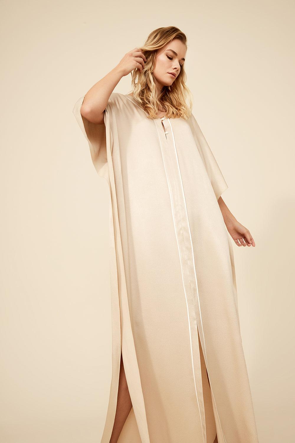 Cara Long Rayon Buttoned Kaftan Dress Sand
