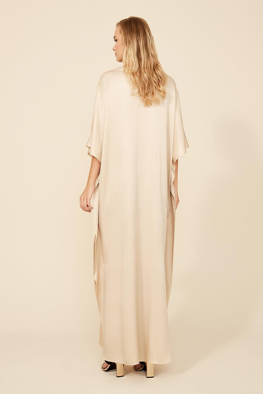 Cara Long Rayon Buttoned Kaftan Dress Sand