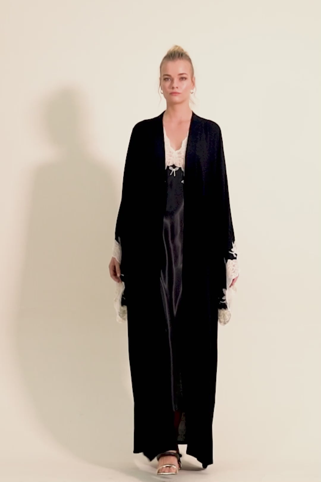 Anastasia - Long Rayon Kimono Set - Black with Gold Lace