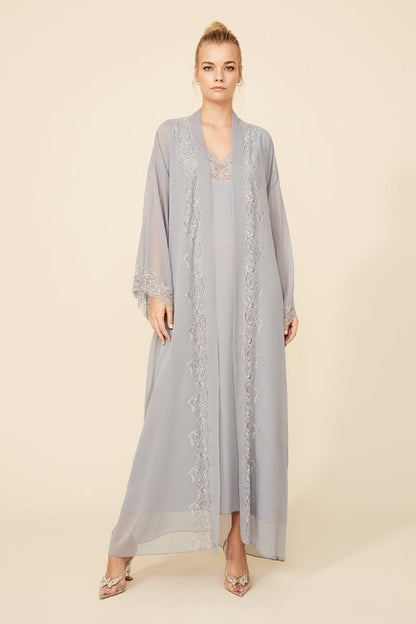 Celia - Long Silk Robe Set - Light Grey - Bocan