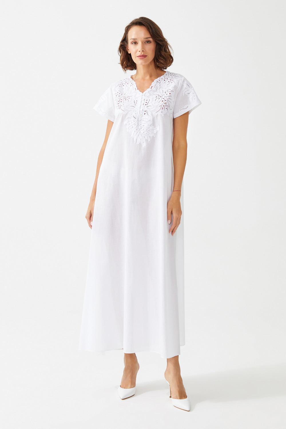 Chenar Long Cotton Voile Trimmed Half Sleeve Dress - Bocan