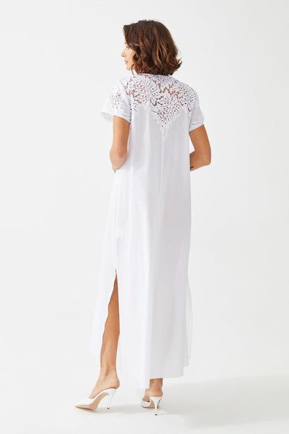 Chenar Long Cotton Voile Trimmed Half Sleeve Dress - Bocan
