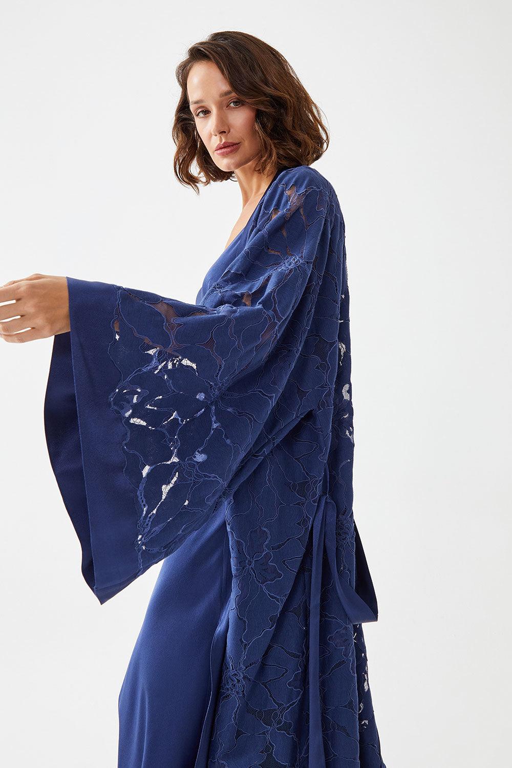 Clematis Long Rayon Full Trimmed with Lace Robe Set - Navy Blue - Bocan