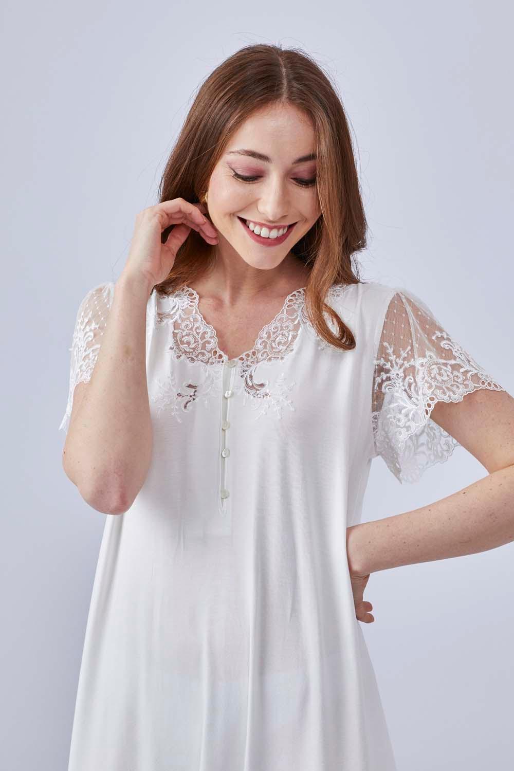 Corina - Long Combed Cotton Half Sleeve Dress - Off White - Bocan