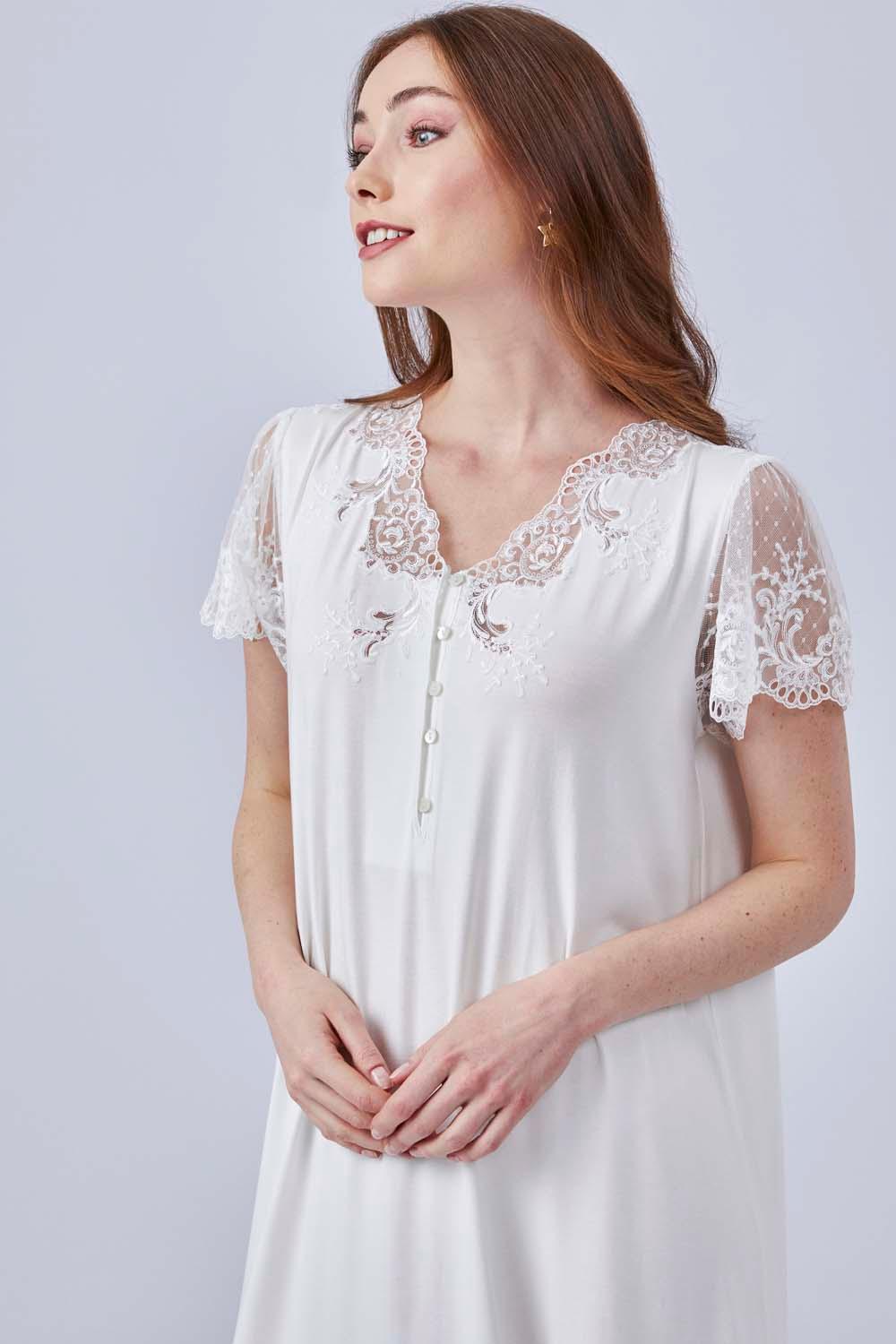 Corina - Long Combed Cotton Half Sleeve Dress - Off White - Bocan