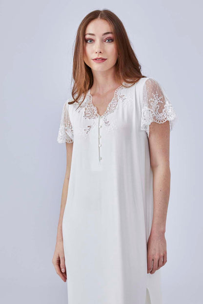 Corina - Long Combed Cotton Half Sleeve Dress - Off White - Bocan
