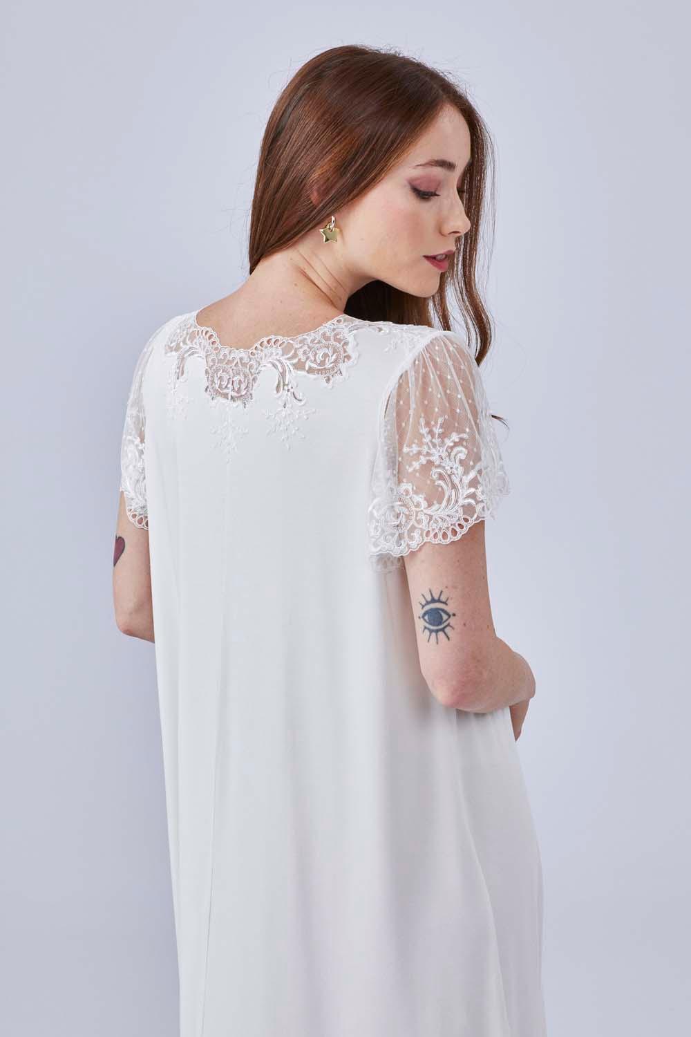 Corina - Long Combed Cotton Half Sleeve Dress - Off White - Bocan