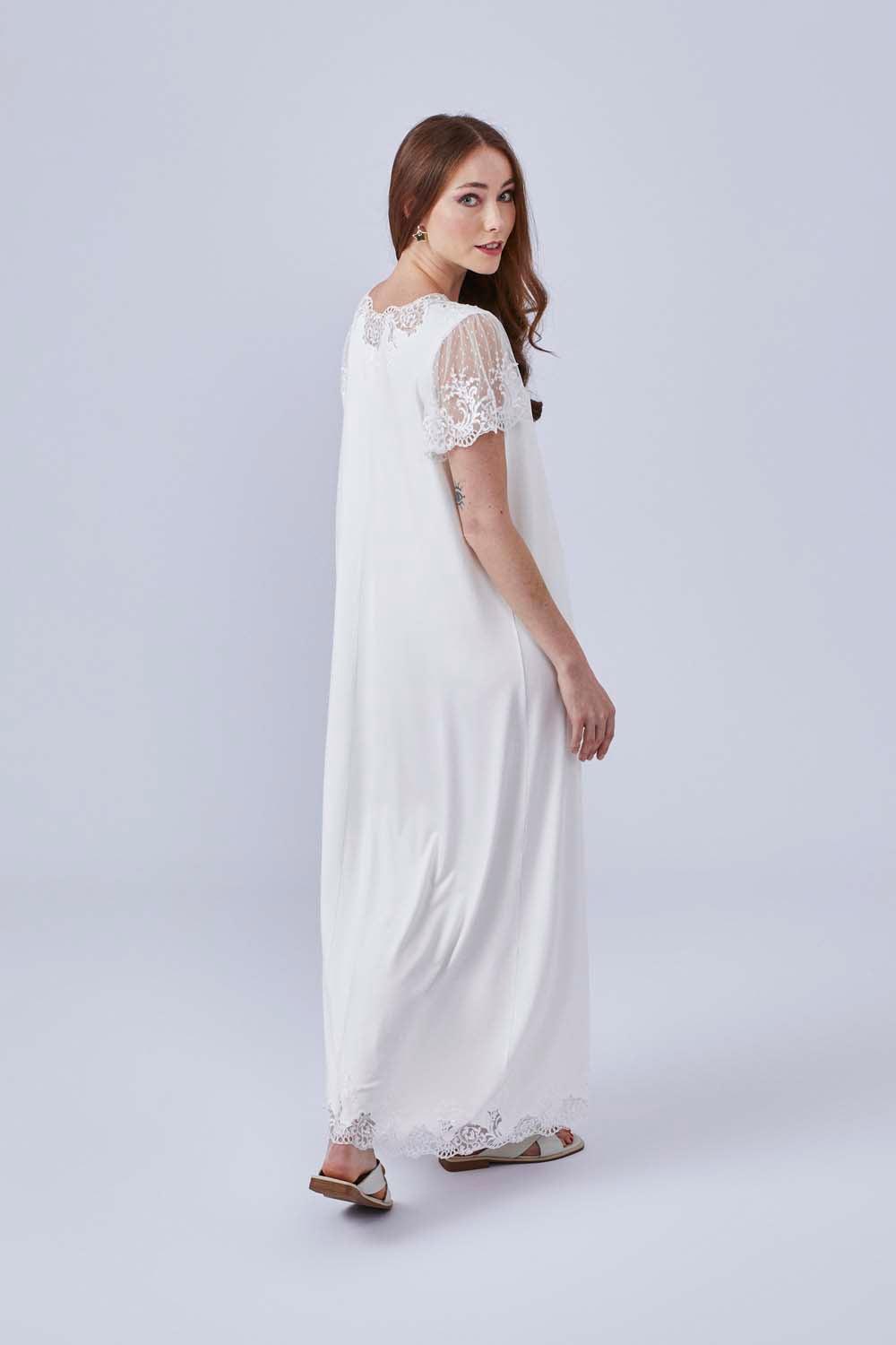 Corina - Long Combed Cotton Half Sleeve Dress - Off White - Bocan