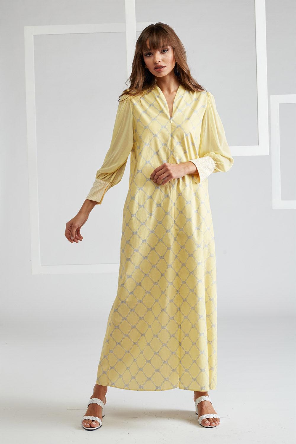 Cotton Poplin &amp; Silk Chiffon Dress Yellow Printed - Daffodile - Bocan
