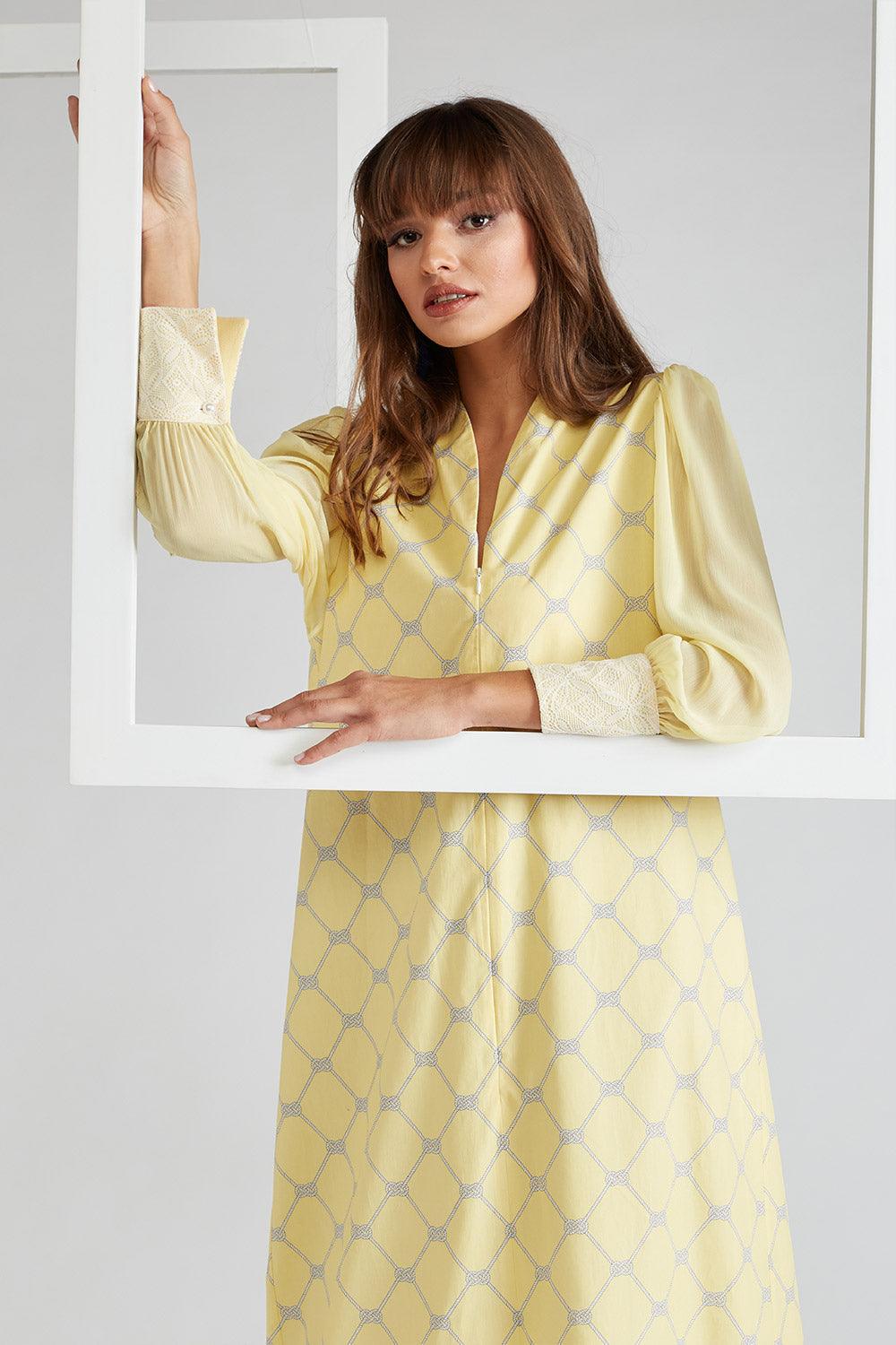 Cotton Poplin &amp; Silk Chiffon Dress Yellow Printed - Daffodile - Bocan