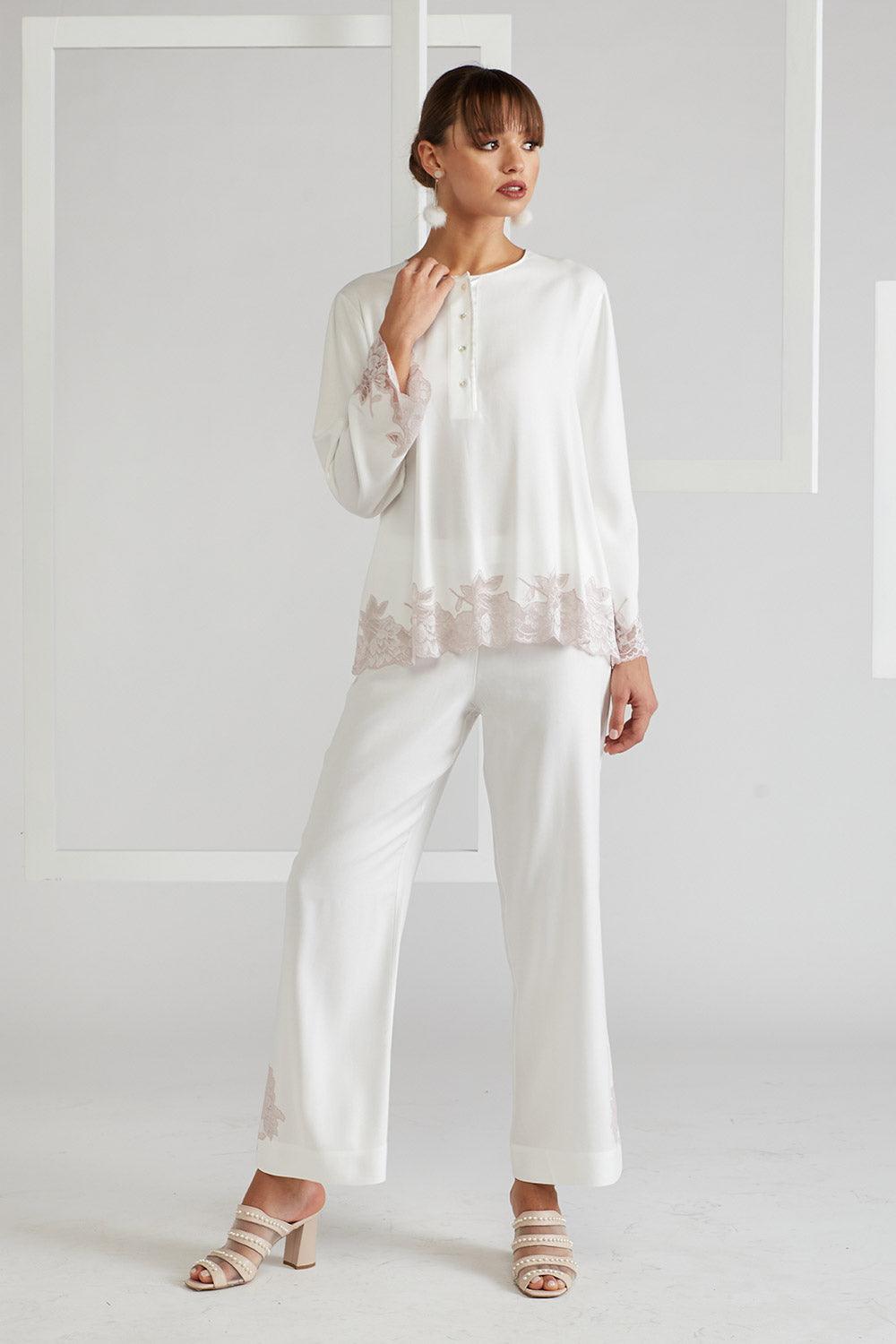 Cotton Pyjama Set Powder Off White- Big Rose - Bocan