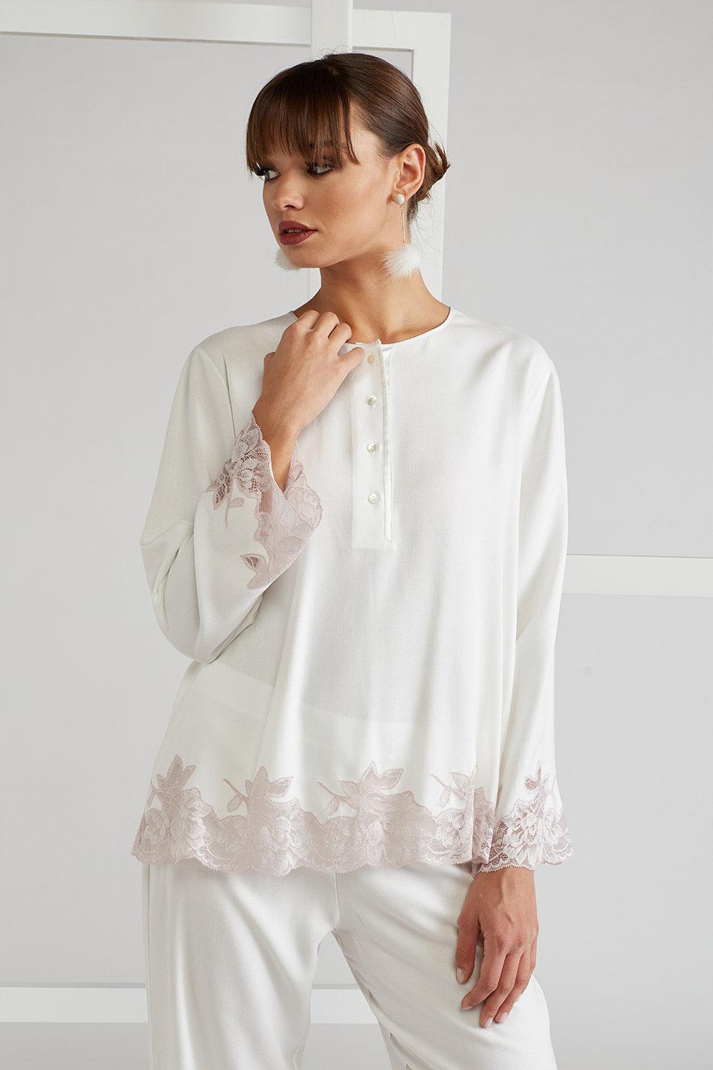 Cotton Pyjama Set Powder Off White- Big Rose - Bocan