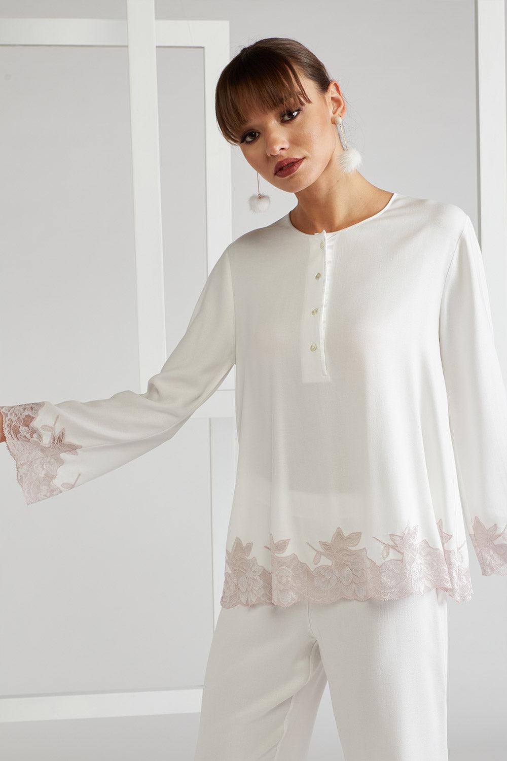 Cotton Pyjama Set Powder Off White- Big Rose - Bocan
