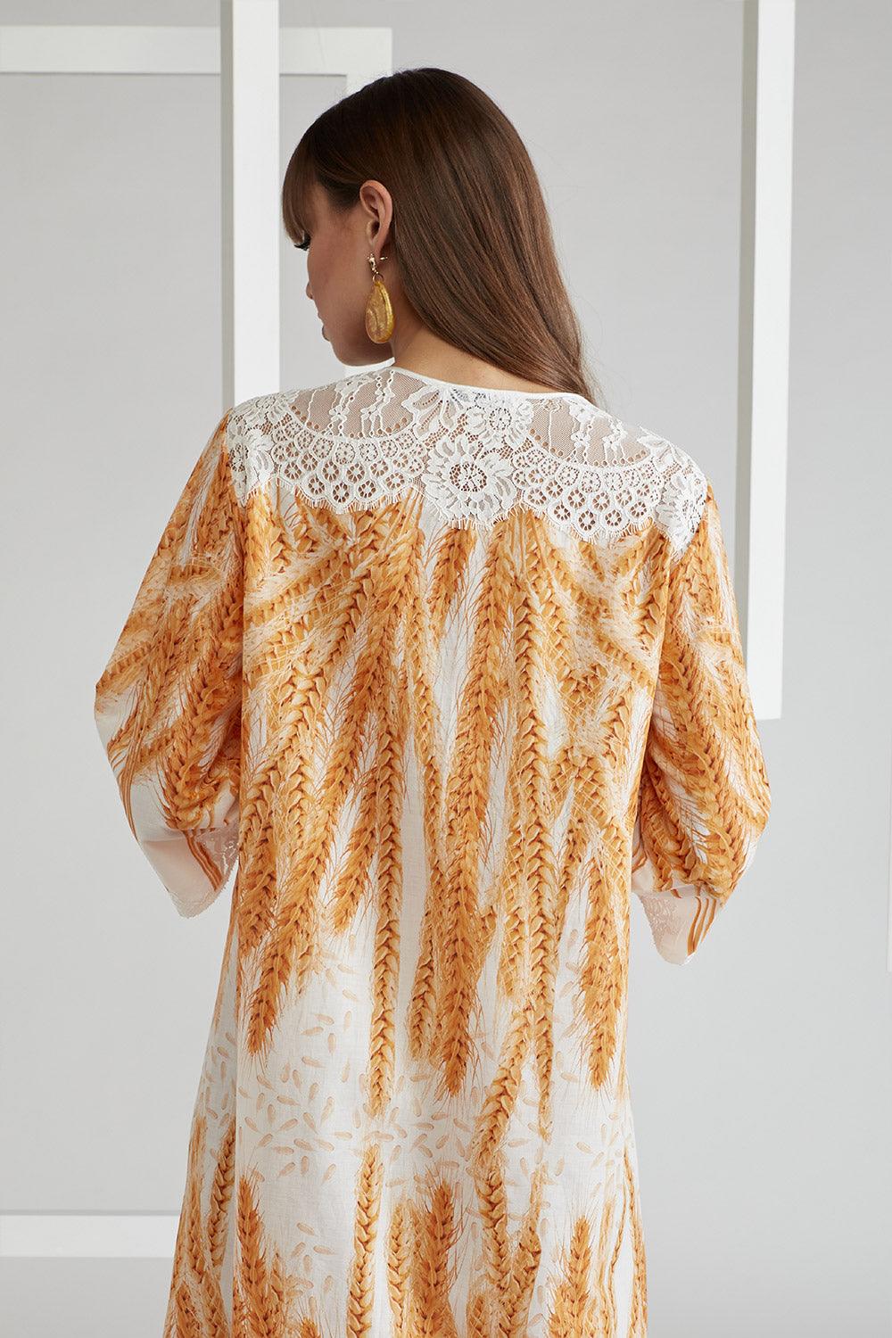 Cotton Voile Dress Printed Light Brown - Ala - Bocan