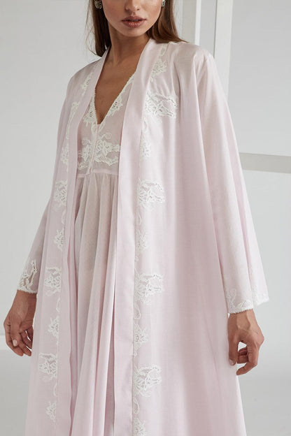 Cotton Vual Robe &amp; Cotton Vual Nightie Light Pink - Bloom (Ecru) - Bocan