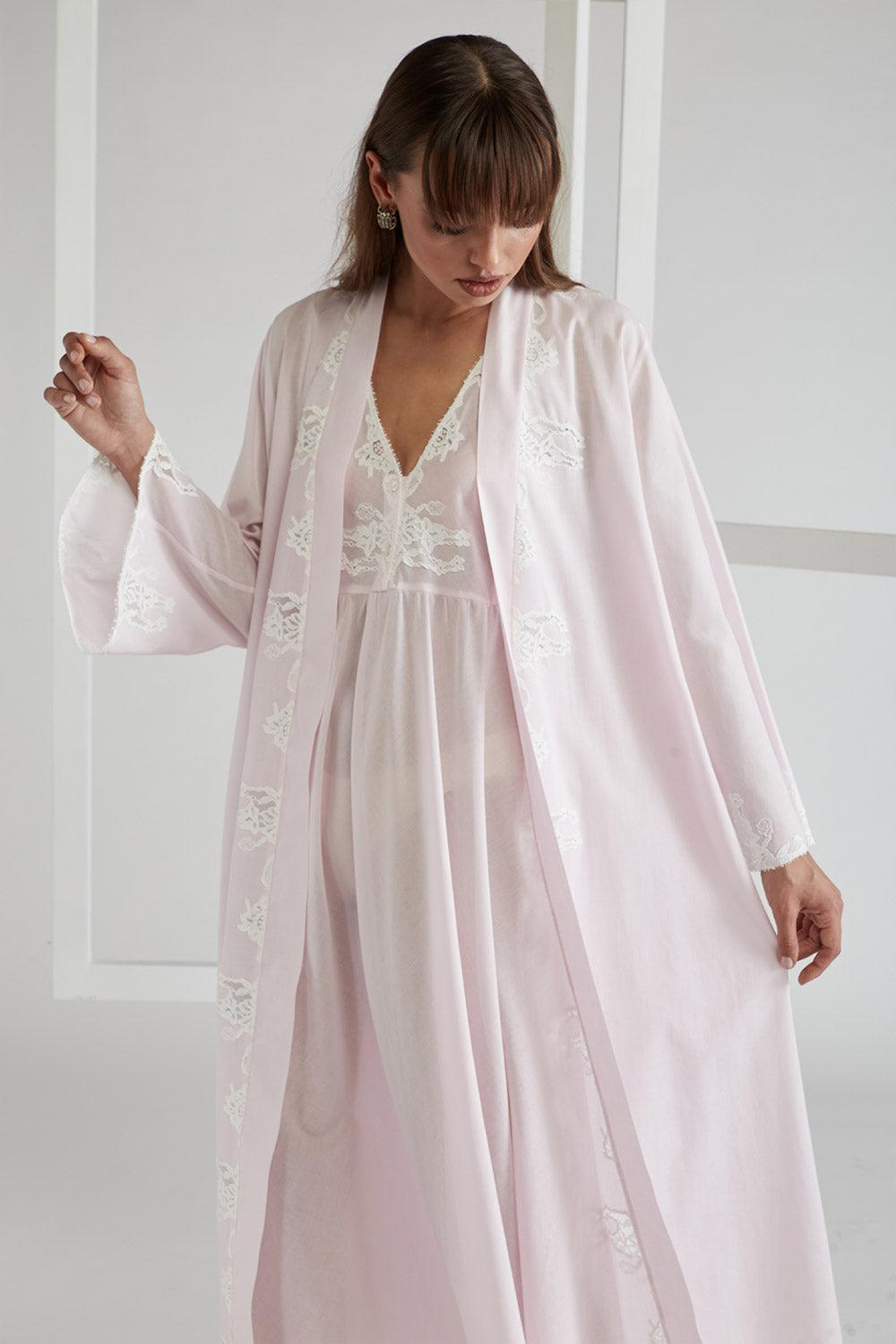 Cotton Vual Robe &amp; Cotton Vual Nightie Light Pink - Bloom (Ecru) - Bocan