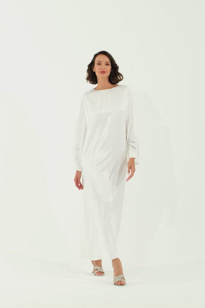 Tuba Long Rayon Trimmed Dress - Off White