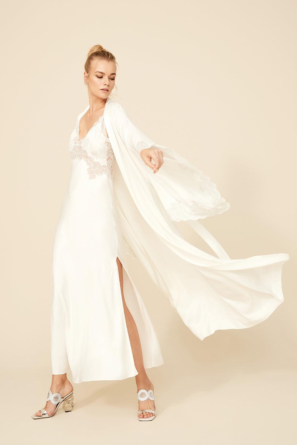 Darcy - Long Rayon Kimono Robe Set - Off White with Silver Lace - Bocan